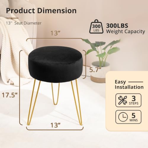 LUE BONA Vanity Stool, Black Vanity Stools for Makeup Room, Round Ottoman Foot Stool, Velvet Footrest Vanity Chair for Bathroom Vanity, Bedroom, Living Room, Entryway, Offices