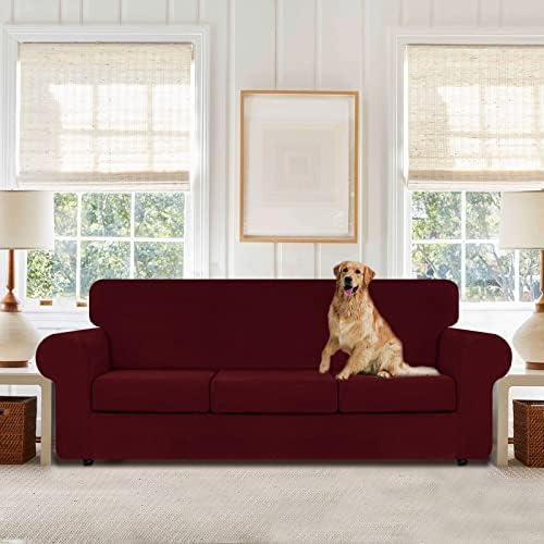 WEERRW 4 Pieces Couch Cover for Sofa Velvet Sofa Covers Washable, Burgundy