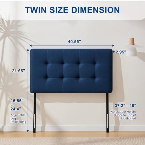 Linen Stitched Tufted Twin Headboard, Adjustable Height 37.2-46 in, Blue