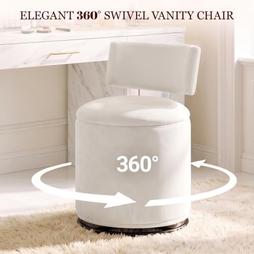 Swivel Vanity Chair with Storage, Velvet Makeup Stool with Higher Back for Living Room, Bedroom, Dressing, White