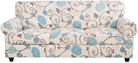 SearchI Stretch Sofa Cover Printed Couch Cover, Floral Pattern 4 Pieces Sofa Slipcover with 3 Separate Cushion Cover, Washable Furniture Protector for Living Room(Sofa, Ball Flower)