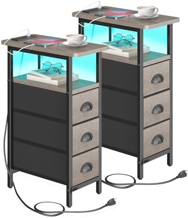 shtmec Narrow End Table Set of 2 with Charging Station, LED Side Tables Set 2 with Fabric Drawers, Small Bedside Tables Nightstands for Small Space, Slim Sofa Couch Table for Livingroom, Grey