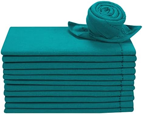 Lightnpro Hemstitched Cotton Dinner Napkins Set of 12, 18x18 Inch Teal