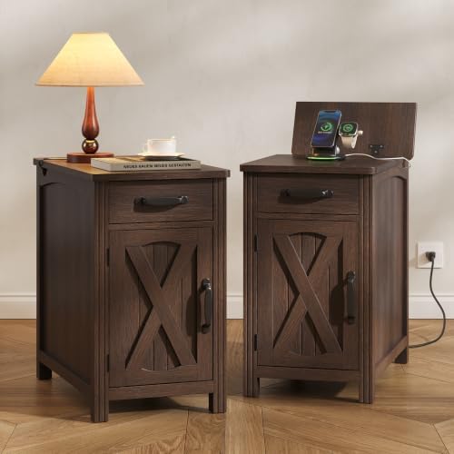 ONBRILL Farmhouse End Table Set of 2 with Charging Station,Retro Red