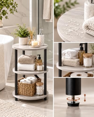 XBurmo 3-Tier Round Side Table for Bathroom, Small Bathroom Storage Table for Towels and Toiletries, Greige
