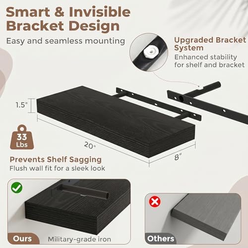 20 Inch Floating Shelves for Wall, 8"D Wood Storage Shelves, Black Finish