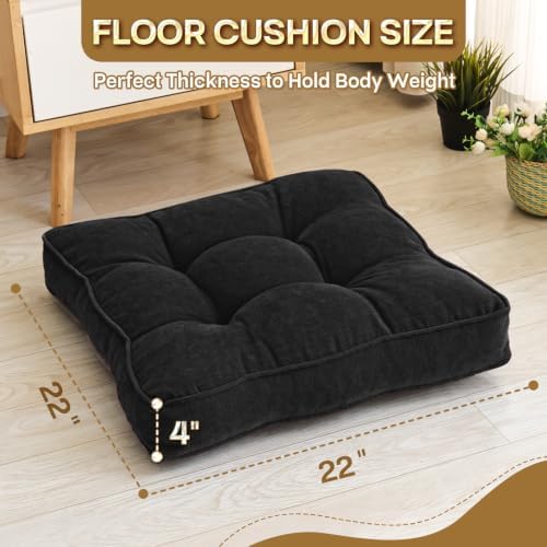 MIDDLE ONE Floor Pillow Set of 2, Memory Foam Cushion 22x22 – Square, Black