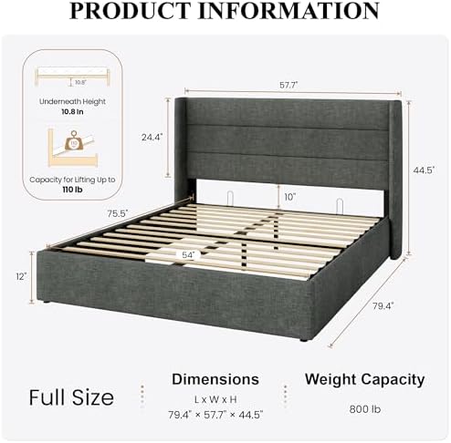 SHA CERLIN Full Size Lift Up Hydraulic Storage Bed Frame Dark Grey
