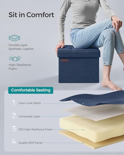 SONGMICS Mazie Collection - Small Folding Storage Ottoman, Foot Rest Stool, 12.2 x 16.1 x 12.2 Inches, 286 lb Load Capacity, for Living Room, Bedroom, Home Office, Dorm, Midnight Blue ULSF102Q02