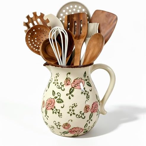 Ceramic Utensil Holder Red Rose 6.1" Rustic Farmhouse Kitchen Counter Crock