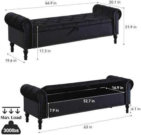 Storage Bed Bench for Bedroom, 67 Inches End of Bed Bench, Velvet King Size Bench with Arms, Tufted Button Storage Ottoman Benches, Upholstered Bench for Bedroom, Living Room, Entryway, Black