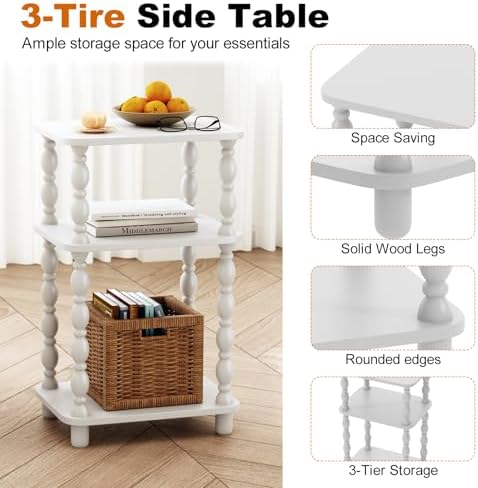 Modern Accent Side Table, 3-Tier Small End Table for Living Room, Farmhouse Side Tables, Couch Side Table for Skinny Spaces, Bedside Table Nightstand for Bedroom(White)