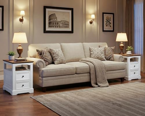 RALGEND Farmhouse End Table with 2 Drawers Set of 2, White and Walnut
