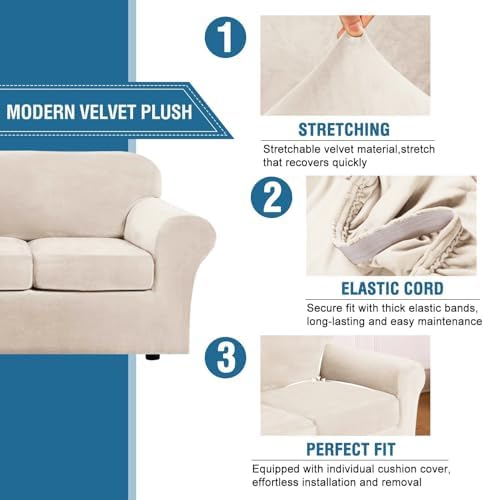 H.VERSAILTEX Modern Velvet Plush 4 Piece High Stretch Sofa Slipcover Furniture Protector Form Fit Velvet Extra Large Sofa Cover for 3 Cushion Couch Width Up to 105 Inch (XL Sofa, Butter Cream)