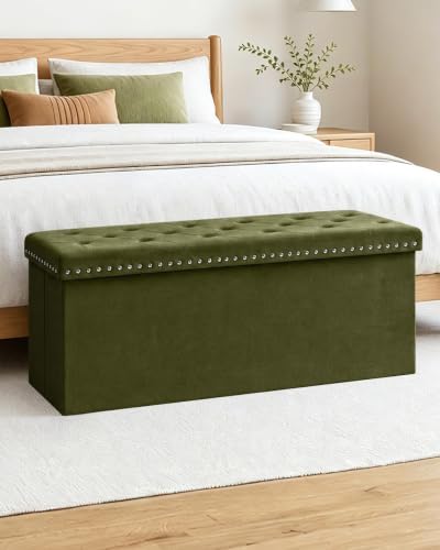 B FSOBEIIALEO Storage Ottoman Bench, 43" Velvet Ottoman With Storage, Olive