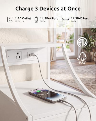 Lazzanto Narrow Nightstand with Charging Station for Bedroom, Dorm