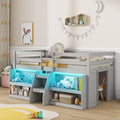 GIANTEX Twin Loft Bed with LED Lights, Wooden Loft Bed Twin Size with Stairs & Safety Guardrail, Low Loft Bed for Kids with Storage Bookcase and Under-Bed Play Space, Grey