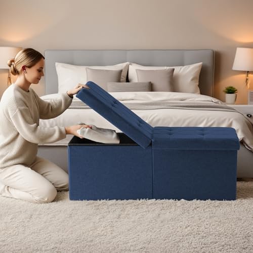 35-INCH Storage Ottoman Bench, Footrest with Storage, End of Bed Bench Coffee Table for Living Room, Bedroom, Entryway, Blue