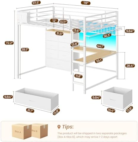 DICTAC Full Loft Bed with L-Shaped Desk and 7 Storage Drawers, Metal Full Size Loft Bed for Teen with LED Lights and Charging Station,13.11" H Safety Guardrail and Ladder,No Box Spring Needed, White