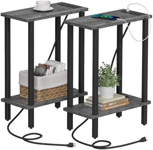 TUTOTAK Narrow Side Table Set of 2, Small End Table with Charging Station