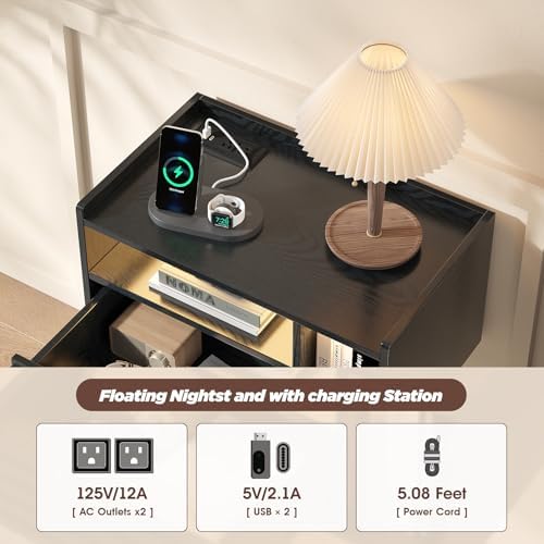 Maupvit Black Floating Nightstand Set of 2, Wall Mounted Night Stand with Drawer and Charging Station, Bedside Table with Open Shelf, Led Nightstand for Bedroom, Easy Assembly