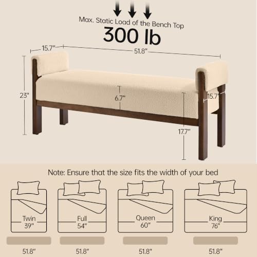 VKNOW 51.8”End of Bed Bench Upholstered Bedroom Bench with Arms, Brown