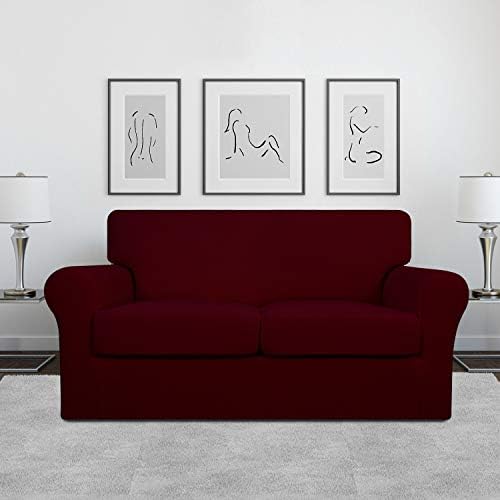 Easy-Going 3 Pieces Stretch Soft Couch Cover for Dogs - Washable Sofa Slipcover for 2 Separate Cushion Couch - Elastic Furniture Protector for Pets, Kids (Loveseat, Wine, Medium)