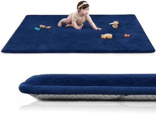 Baby Play Mat for Floor,1.3" Thick Elasti-Foam Large 59"×71" Playpen Mat,Non-Toxic Certified Water-Repellent Coral Velvet, Non-Slip Safe Crawling Mat for Tummy Time, Toddler & Infant(Dark Blue)