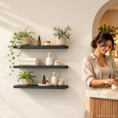 BAYKA Black Floating Shelves 22.5in, Set of 3, Wall Mounted for Wall Decor