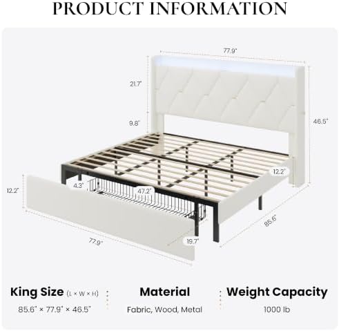 SHA CERLIN King Size Bed Frame with Storage Drawer & LED Lights, White