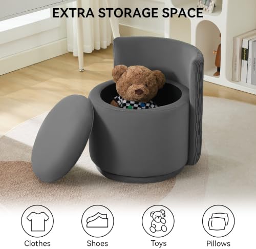 Large Velvet Vanity Chair, 360° Swivel Makeup Chair with Storage, Grey