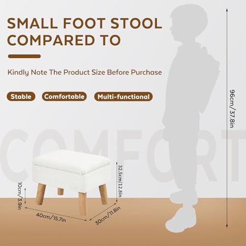 Storage Ottoman, Small Foot Stool Ottoman with Storage, Teddy Velvet Foot Rest with Wood Legs, Footstool for Living Room, Bedroom, Entryway, White