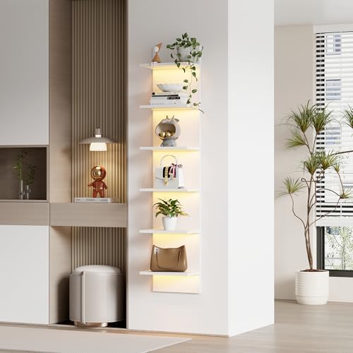 Qupui 6-Tier Wall Shelf with RGB LED, 57" Floating Storage, White