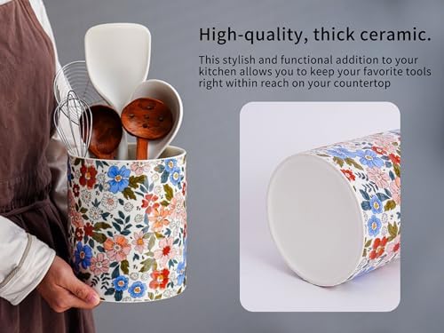 Kitchen Utensil Holder,7.2-inch Extra Large Sturdy Ceramic Vintage Floral Pattern Utensil Crock,Cooking Utensil Organizer for Kitchen Counter Decor,Storage Caddy Farmhouse Gift Retro Pink