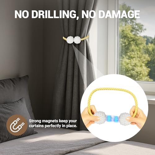 Hion Magnetic Curtain Tiebacks Golden 2pcs, Curtain Holdbacks Hooks Holders