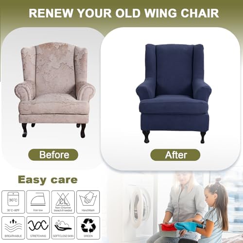 NILUOH Stretch Wingback Chair Slipcover 2-Piece Wing Chair Slipcovers Sofa Cover Furniture Protector Soft with Elastic Bottom, Spandex Jacquard Fabric,Dark Blue