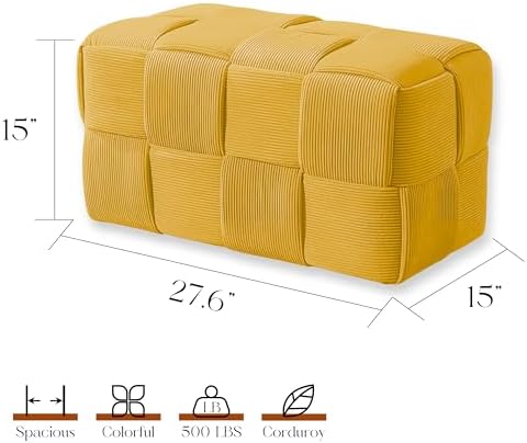 Cmishe 28" Rectangular Woven Corduroy Ottoman Footrest - Large Modern Entryway Bench & Bed End Stool, Sturdy Wood Frame, No Assembly (Yellow-L)