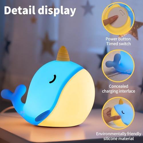 Cute Narwhal Night Light, Tap Control with 3 Warm White Brightness, USB Kids Bed Lamp with 30-Minute Timer, Soft Silicone Glow for Nursery, Birthday Gift, Blue