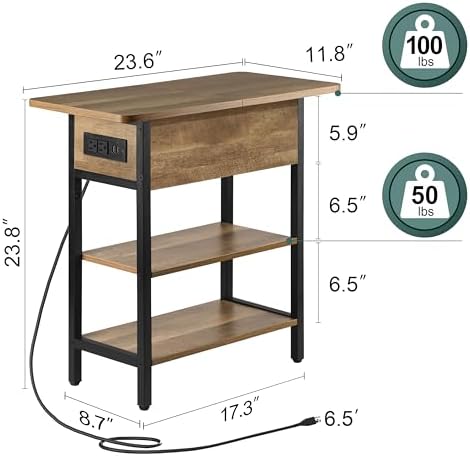 Yoobure End Table with Charging Station, Flip Top Side Table with USB Ports and Outlets, Sofa Couch Table Bedside Table for Living Room Bedroom, Narrow Nightstand with Storage Shelves for Small Space