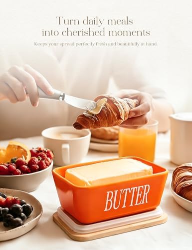 Ceramic Butter Dish with Lid and Knife Silicone Seal for Countertop Orange