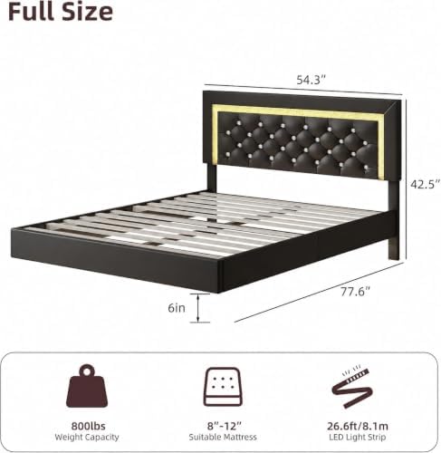 Floating Full Bed Frame, RGB LED Lights, Diamond Tufted Headboard, Black