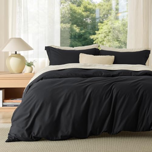 Bedsure Duvet Cover Queen Size, 3Pcs Soft Double Brushed Bedding Set, Black