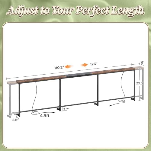 Huuger 110.2-133.8'' Extendable Behind Couch Table with Outlets, Rustic Brown
