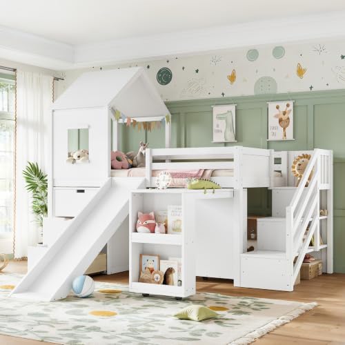Twin Size Playhouse Low Loft Bed with Slide Storage Drawers Stair Shelves Pull Out Desk (White, Twin)