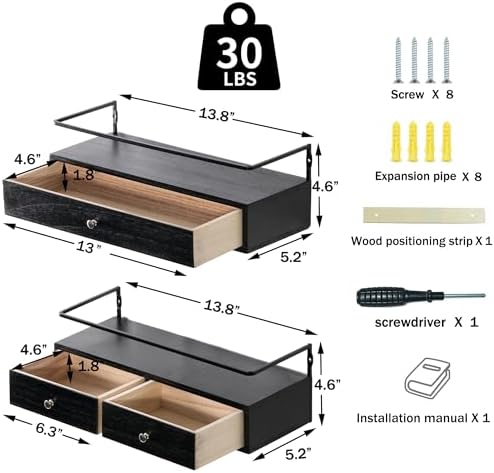 Floating Shelves With Drawers Set of 2, Wall Mounted Storage for Bathroom