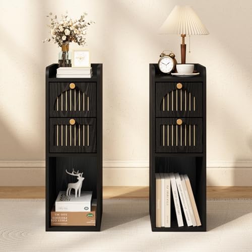 7.87" Narrow Nightstand Set of 2, Fluted Slim Bedside Table with 2 Drawers, Mid Century Modern Small End Table with Gold Metal Handles, for Bedroom, Living Room & Small Spaces - Black