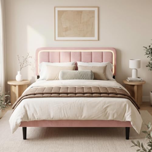 Garvee Full Size Bed Frame with LED Lights & Upholstered Headboard