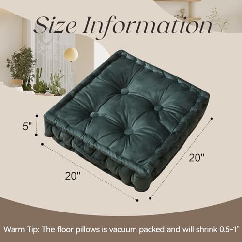 Square Floor Pillows, Large Floor Cushion for Adults Kids, Meditation Floor Pillow Seating Cushion with Shredded Memory Foam and Silk Wadding, 20"x20"x5" (Dark Green, 2 Pack)