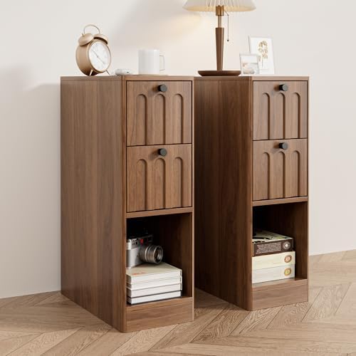 Narrow Walnut Nightstand with Arched Drawer, Small Bedside Table, Wood Slim Nightstand, Skinny Side End Table, Mid Century Modern Night Stand for Bedroom, Small Spaces, Vintage, 1 Pc