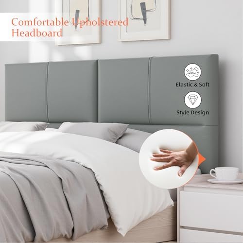 Upholstered Headboard King Size, Solid Wood Head Board with Sturdy Metal Legs, Leather Bed Headboard with Height Adjustable, Gray